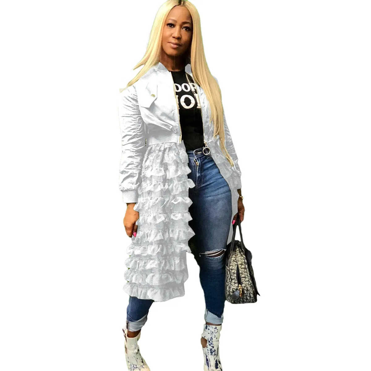 Elegant Mesh Lace Patchwork Zipper Jacket with Flared Ruffle Details