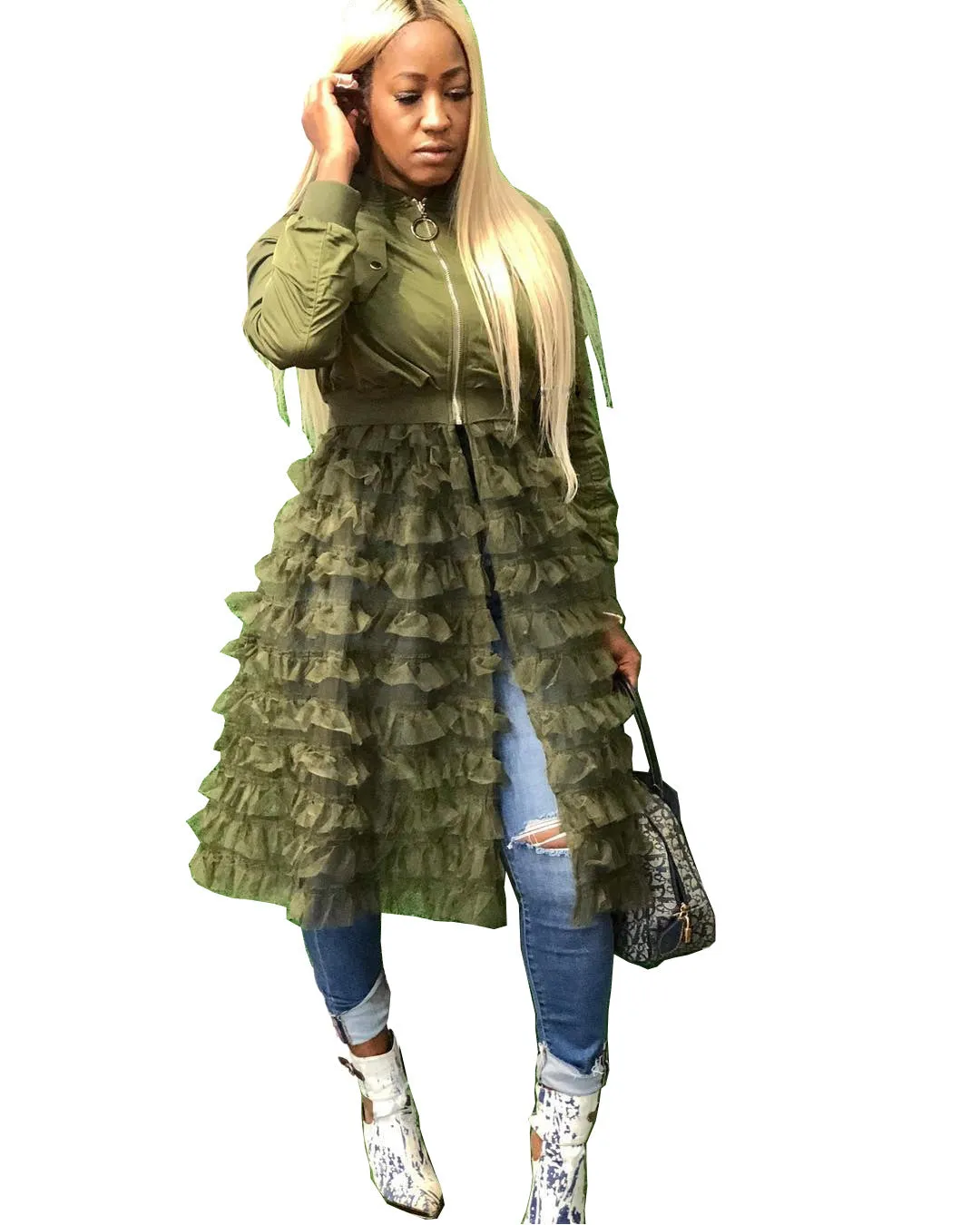 Elegant Mesh Lace Patchwork Zipper Jacket with Flared Ruffle Details