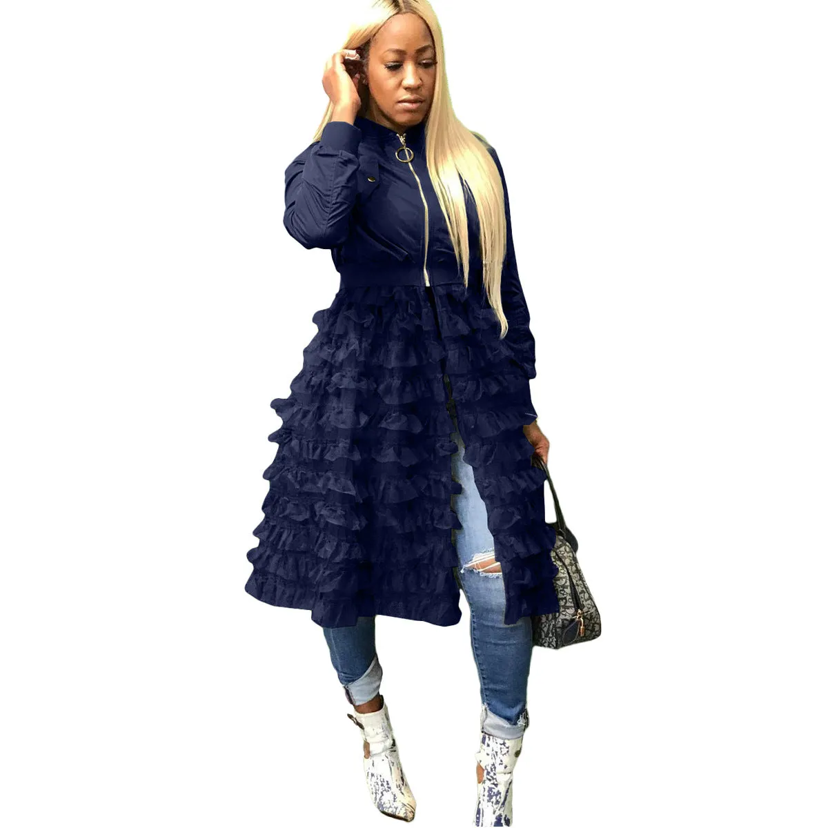 Elegant Mesh Lace Patchwork Zipper Jacket with Flared Ruffle Details