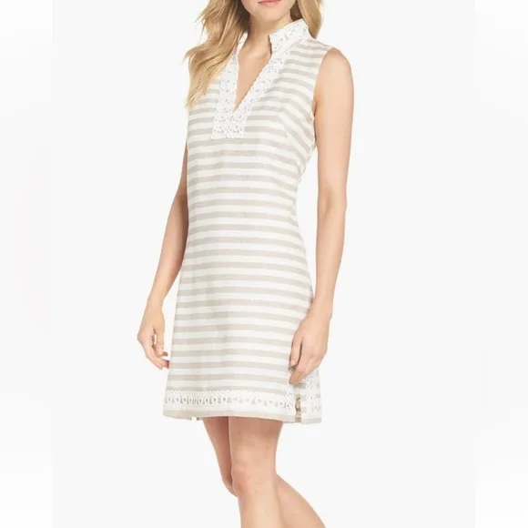 Eliza J Striped Linen &amp; Cotton Blend Neutral Sundress