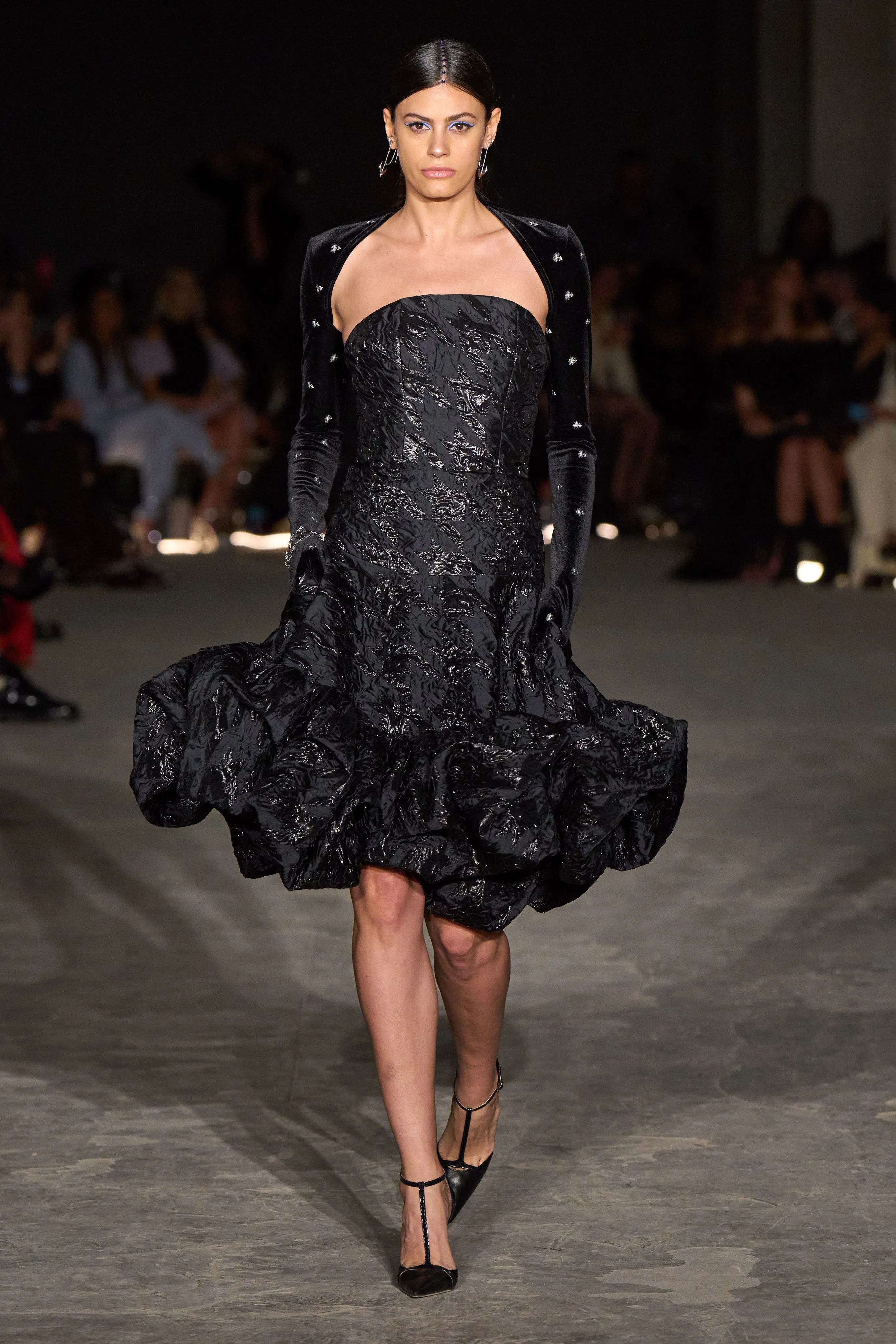 Embossed Shimmer Houndstooth Strapless Bubble Hem Dress