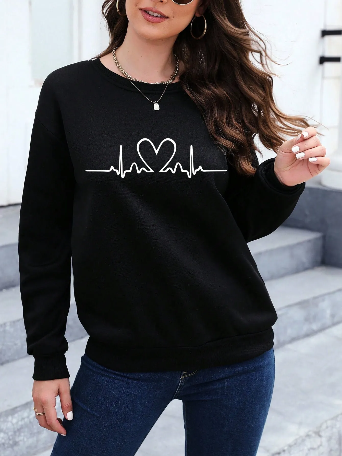 Essnce Ladies Simple Ecg Printed Round Neck Long Sweatshirt