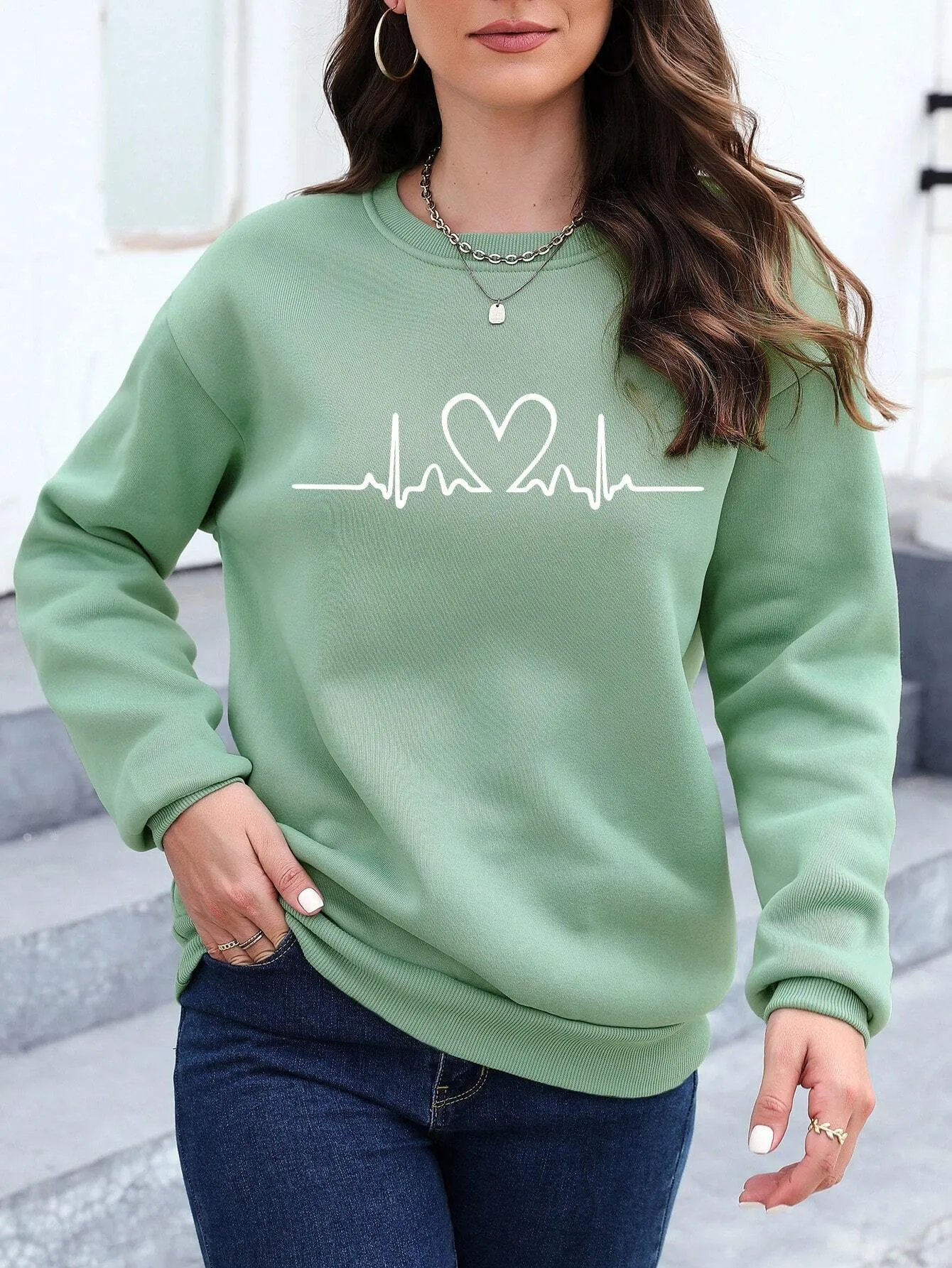 Essnce Ladies Simple Ecg Printed Round Neck Long Sweatshirt