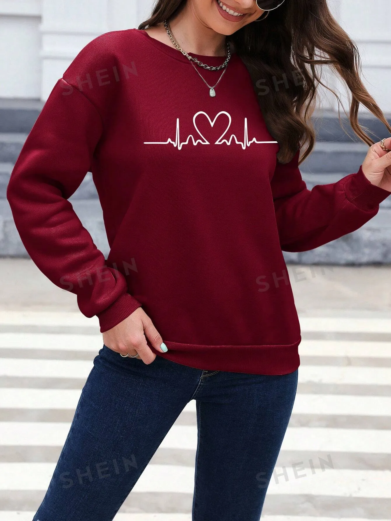 Essnce Ladies Simple Ecg Printed Round Neck Long Sweatshirt