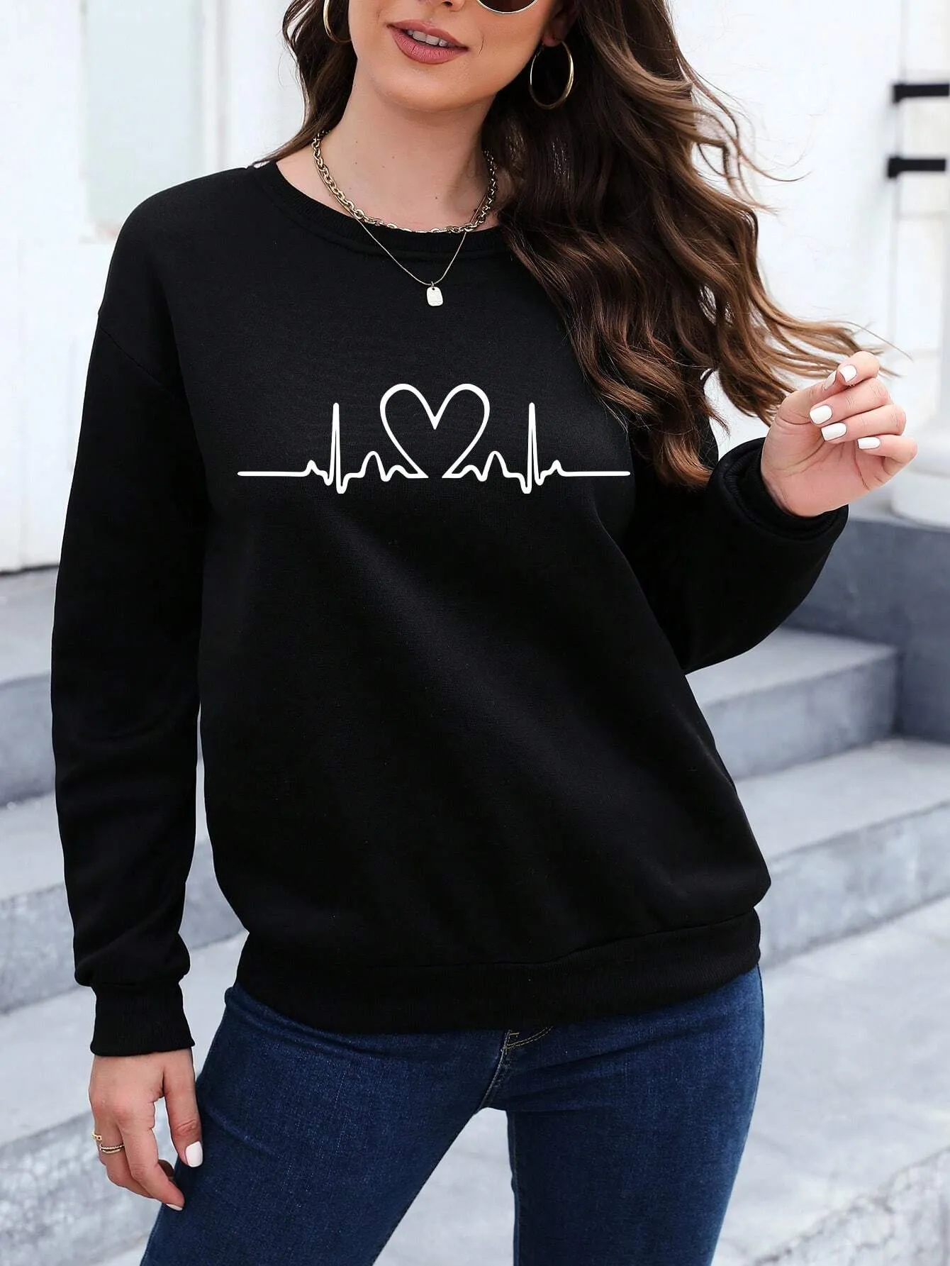 Essnce Ladies Simple Ecg Printed Round Neck Long Sweatshirt