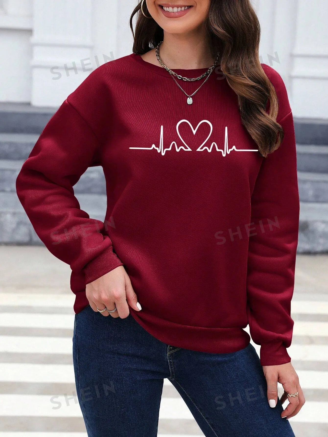 Essnce Ladies Simple Ecg Printed Round Neck Long Sweatshirt