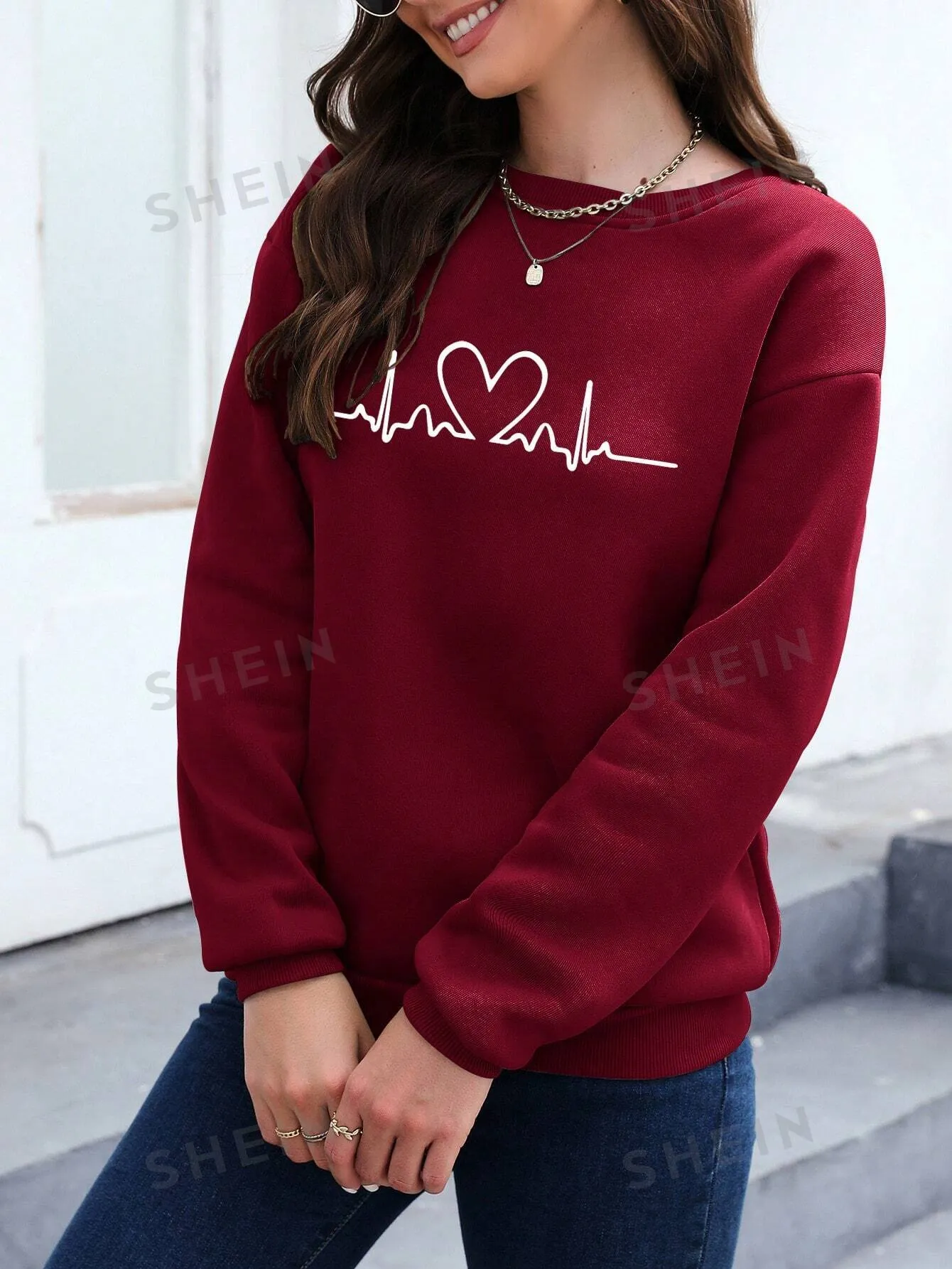 Essnce Ladies Simple Ecg Printed Round Neck Long Sweatshirt