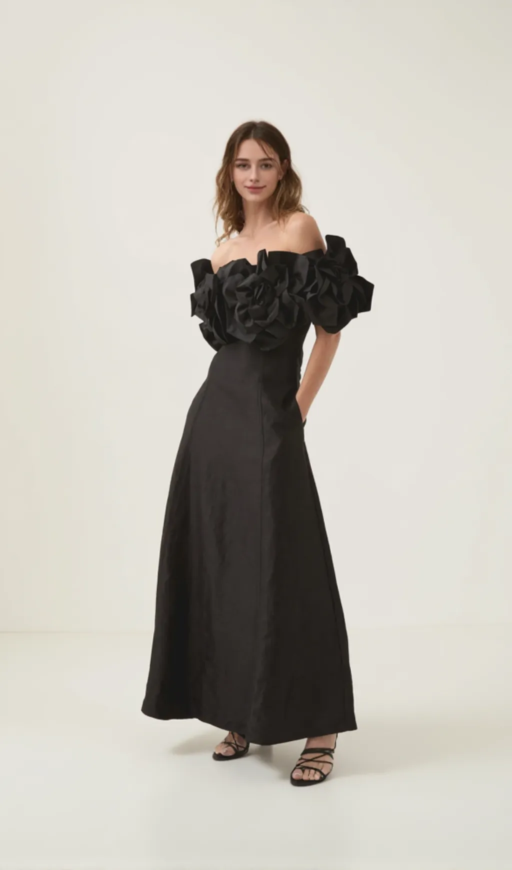 Etta flower strapless midi dress in black