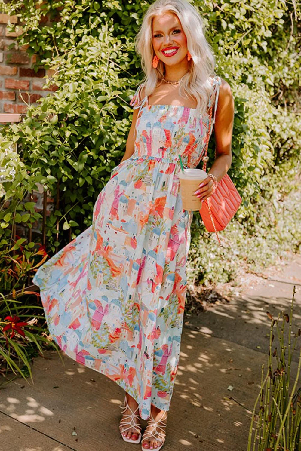 Fairy Town Print Smocked Maxi Sundress