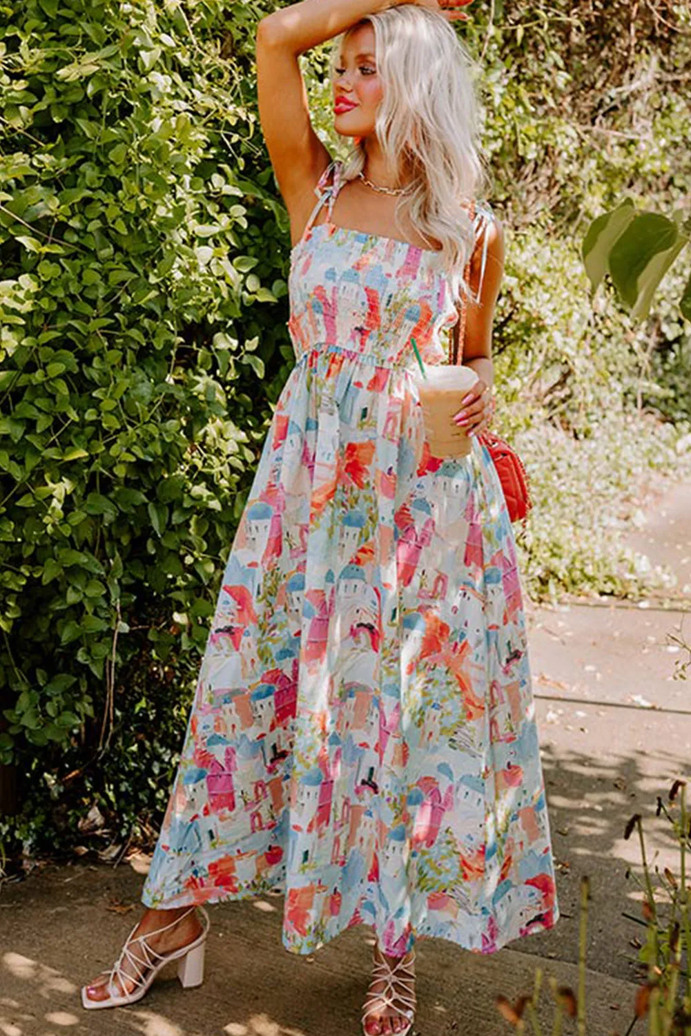 Fairy Town Print Smocked Maxi Sundress
