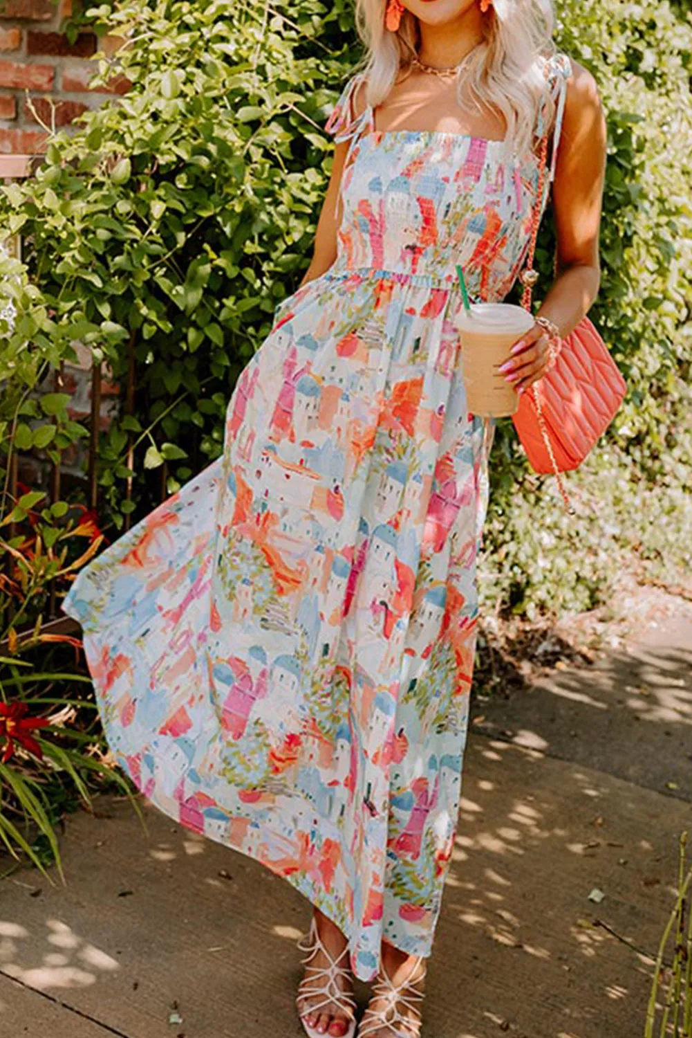 Fairy Town Print Smocked Maxi Sundress