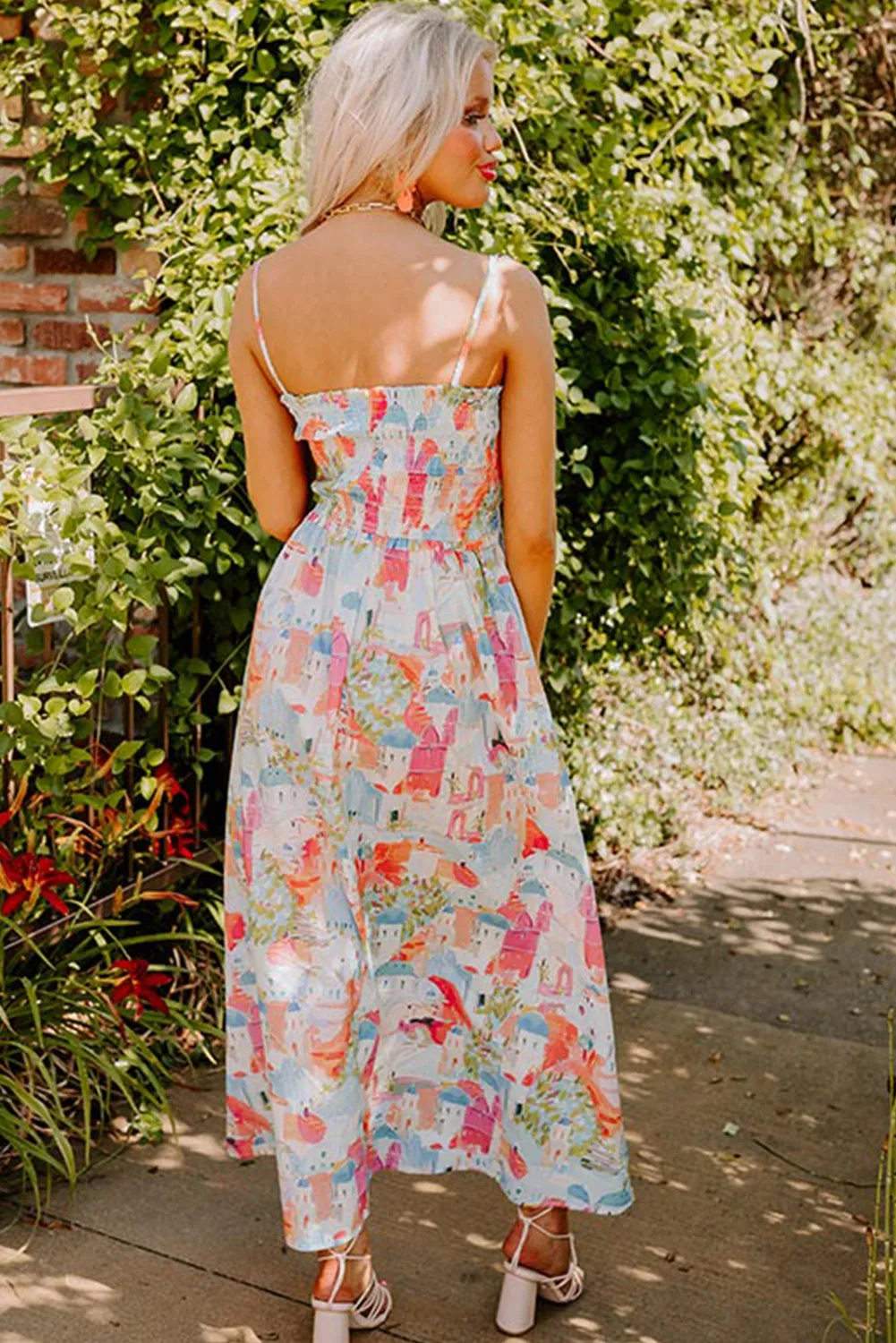 Fairy Town Print Smocked Maxi Sundress