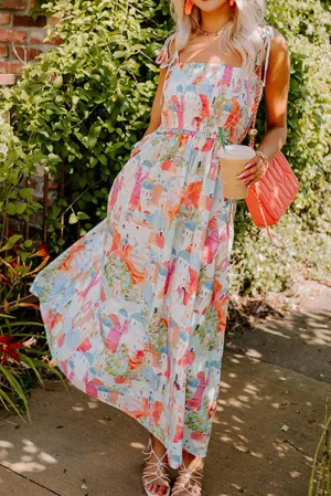 Fairy Town Print Smocked Maxi Sundress