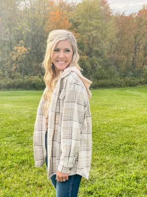 Fall Vibes Hooded Plaid Shacket (Beige/Nude)