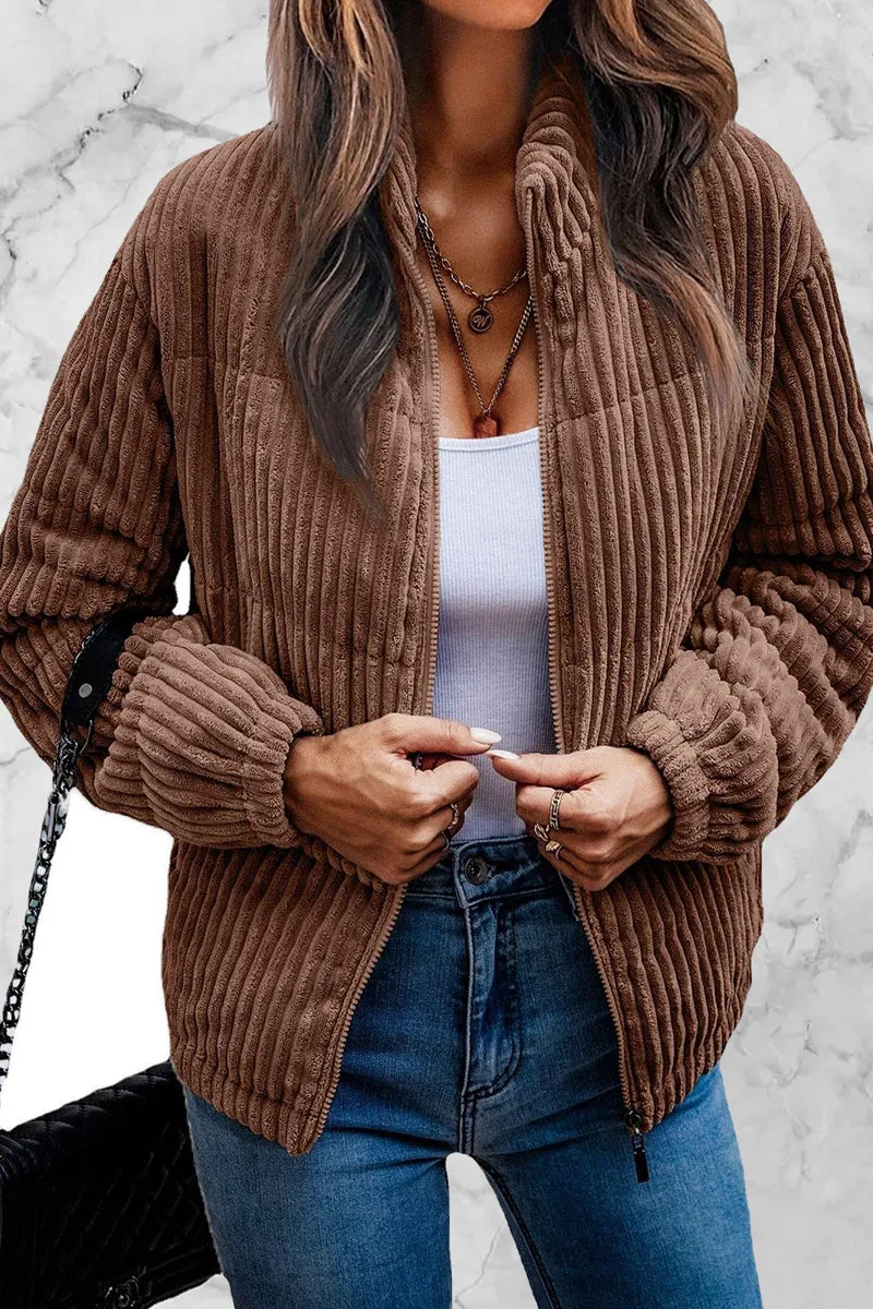 Fashion Plaid Striped Zipper Mandarin Collar Outerwear
