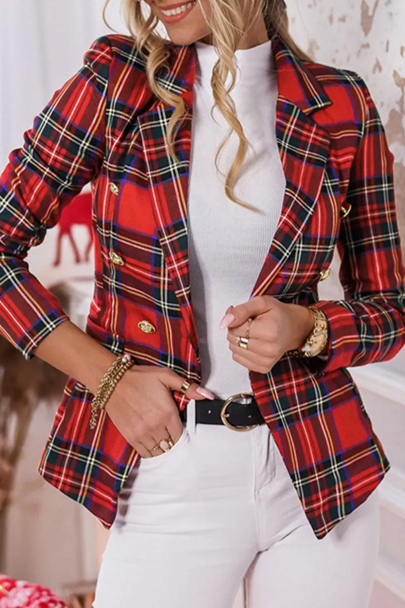 Fashion Street Plaid Split Joint Turn-back Collar Outerwear