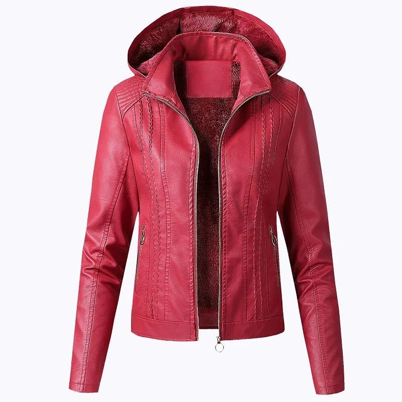 Fashion Turnover Collar Zipper Women PU Jacket