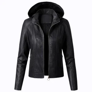 Fashion Turnover Collar Zipper Women PU Jacket