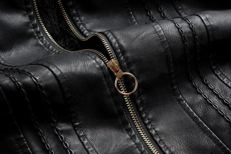 Fashion Turnover Collar Zipper Women PU Jacket