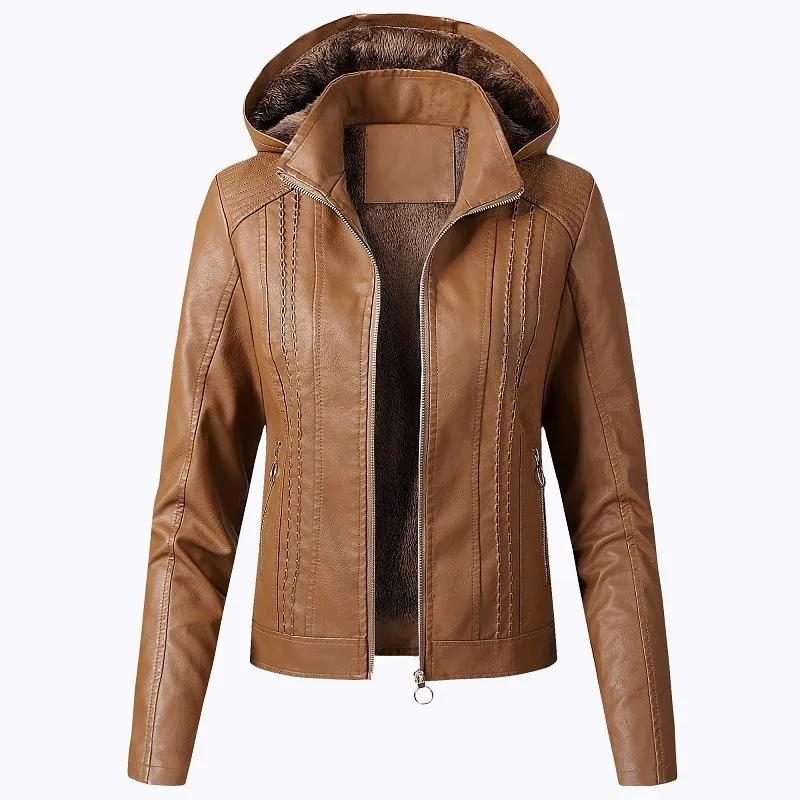 Fashion Turnover Collar Zipper Women PU Jacket