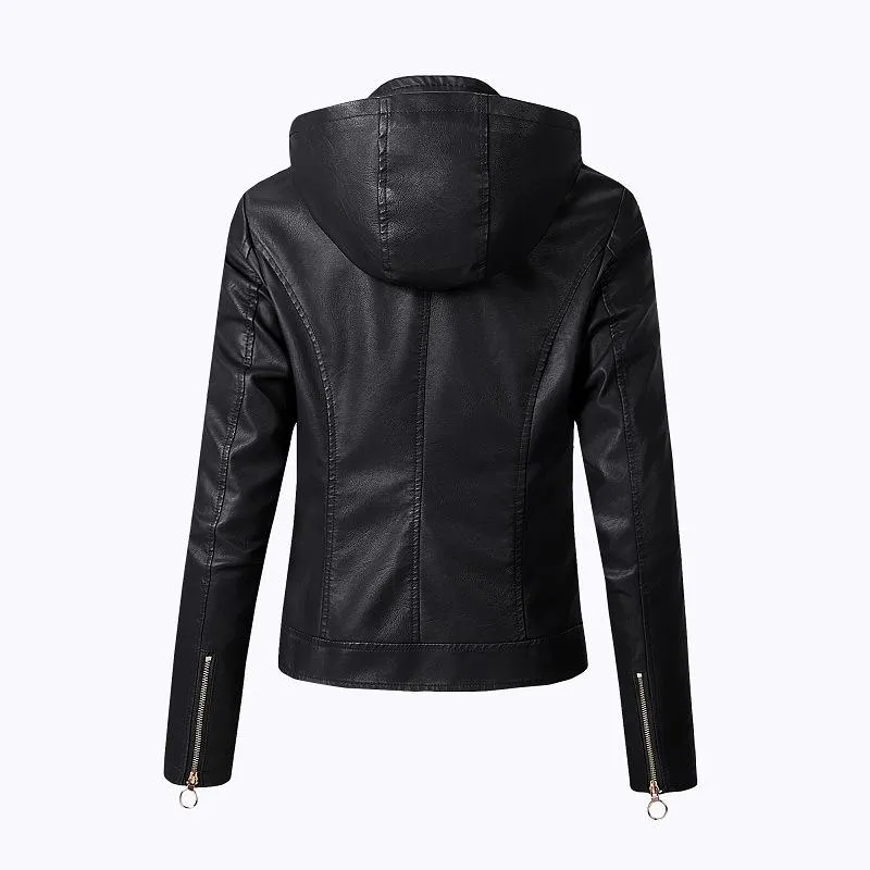 Fashion Turnover Collar Zipper Women PU Jacket