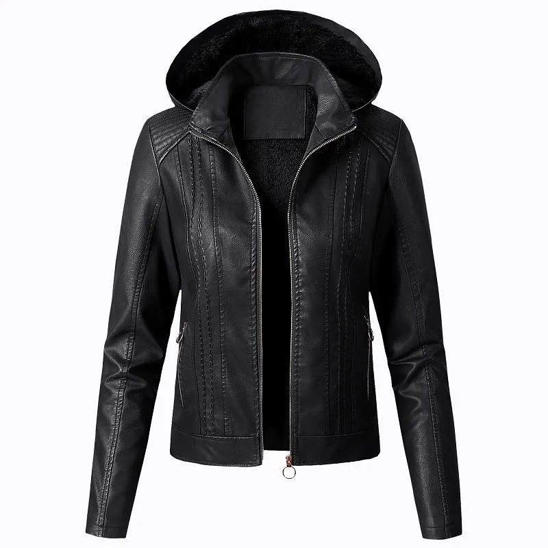 Fashion Turnover Collar Zipper Women PU Jacket