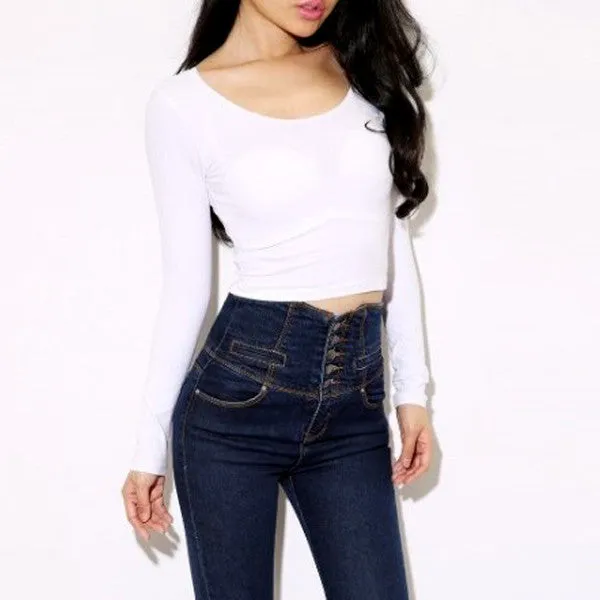 Fashion Women Crooped Tops Long Sleeve Clubwear Tops Cropped T-shirt
