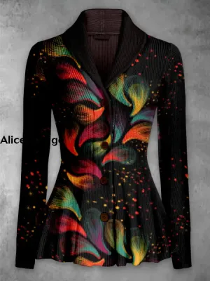 Feather Print Vintage Elegant Lapel V-Neck Button Up Long Sleeve Top