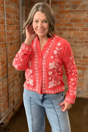 Floral Crepon V-Neck Button Top