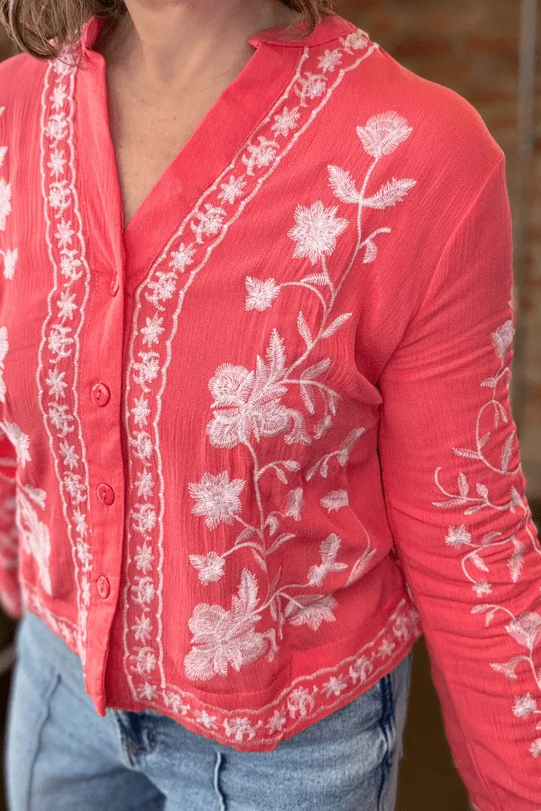 Floral Crepon V-Neck Button Top