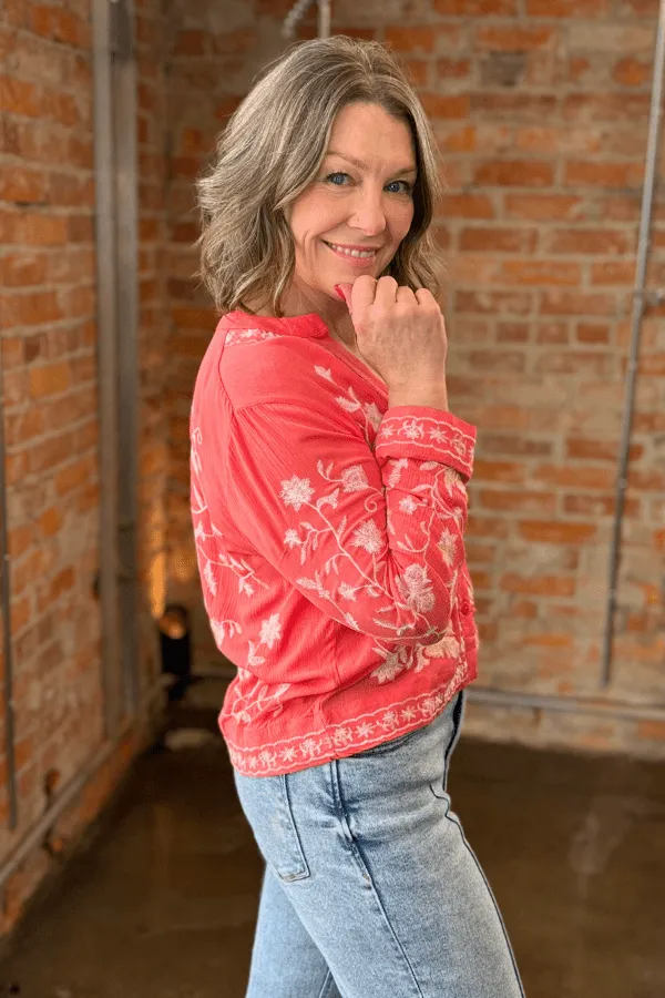 Floral Crepon V-Neck Button Top