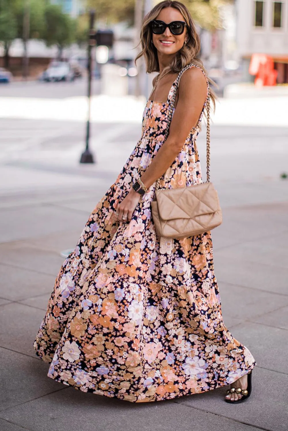Floral Print Maxi Sundress with Scoop Back and Tiered Skirt