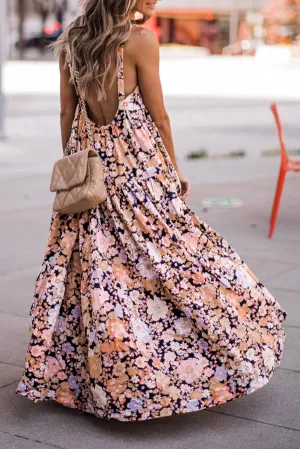 Floral Print Maxi Sundress with Scoop Back and Tiered Skirt