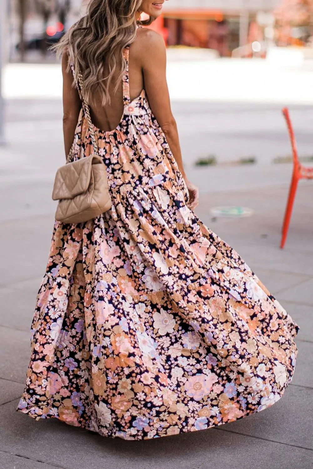 Floral Print Maxi Sundress with Scoop Back and Tiered Skirt