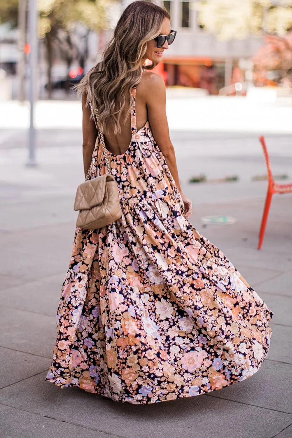 Floral Print Maxi Sundress with Scoop Back and Tiered Skirt