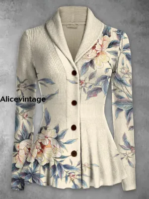 Floral Print Vintage Elegant Lapel V-Neck Button Up Long Sleeve Top