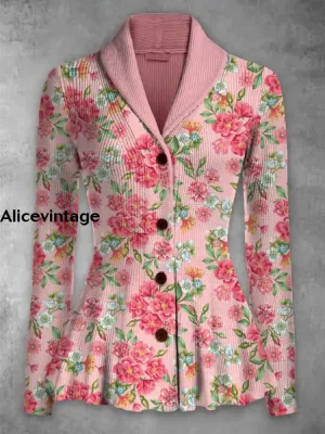 Floral Print Vintage Elegant Lapel V-Neck Button Up Long Sleeve Top