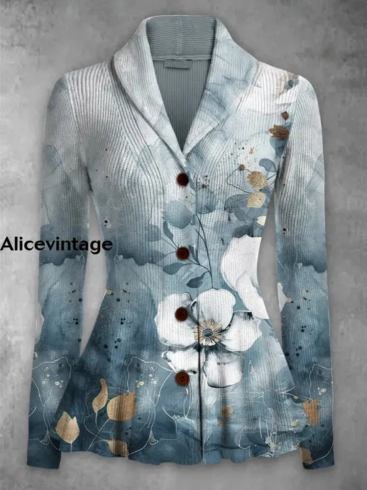 Floral Print Vintage Elegant Lapel V-Neck Button Up Long Sleeve Top