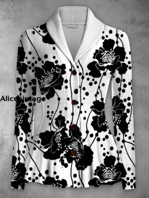 Floral Print Vintage Elegant Lapel V-Neck Button Up Long Sleeve Top