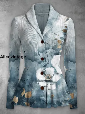 Floral Print Vintage Elegant Lapel V-Neck Button Up Long Sleeve Top