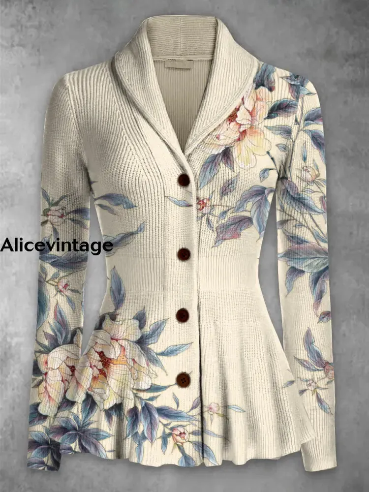 Floral Print Vintage Elegant Lapel V-Neck Button Up Long Sleeve Top