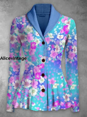 Floral Print Vintage Elegant Lapel V-Neck Button Up Long Sleeve Top