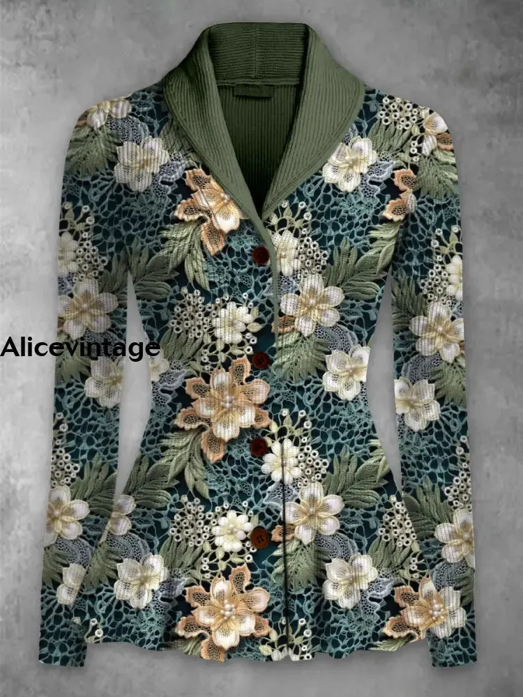 Floral Print Vintage Elegant Lapel V-Neck Button Up Long Sleeve Top