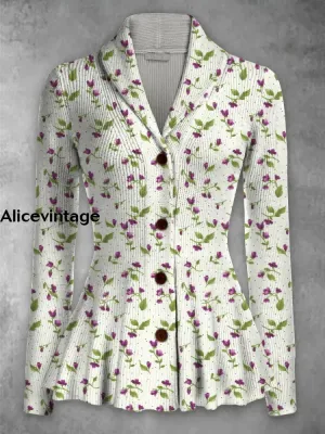 Floral Print Vintage Elegant Lapel V-Neck Button Up Long Sleeve Top