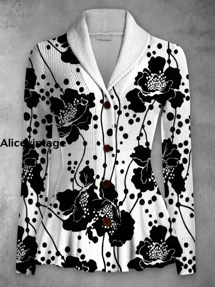 Floral Print Vintage Elegant Lapel V-Neck Button Up Long Sleeve Top