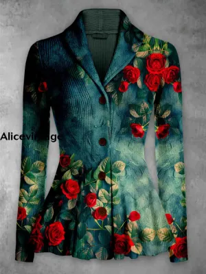 Floral Print Vintage Elegant Lapel V-Neck Button Up Long Sleeve Top