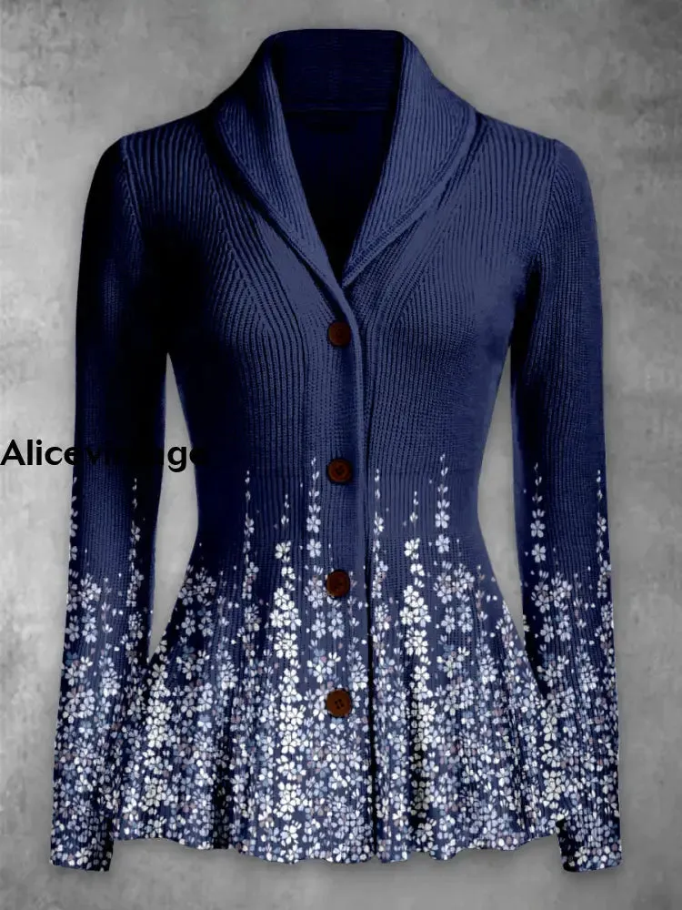 Floral Print Vintage Elegant Lapel V-Neck Button Up Long Sleeve Top