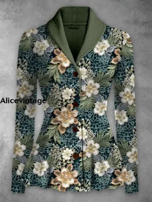 Floral Print Vintage Elegant Lapel V-Neck Button Up Long Sleeve Top