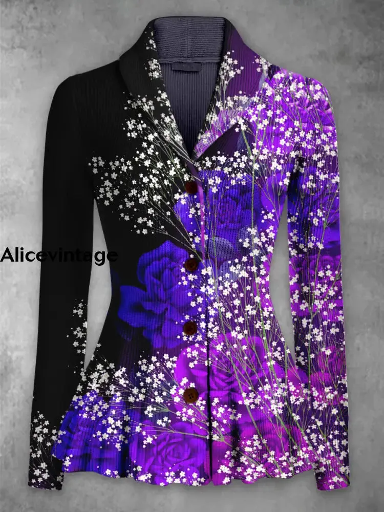Floral Print Vintage Elegant Lapel V-Neck Button Up Long Sleeve Top