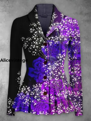 Floral Print Vintage Elegant Lapel V-Neck Button Up Long Sleeve Top